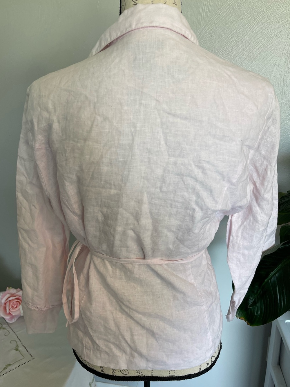 Silkland Pink Linen Wrap Blouse Embroidered Tie Waist Top Women’s L - Picture 5 of 7
